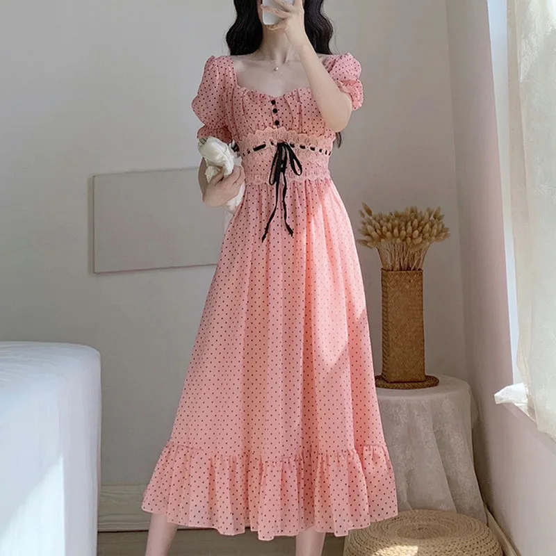 2021 Dress Women Summer Elegant Vintage Dot Print A-line Midi Dress French Casual Draw Back Short Sleeve Square Collar Vestidos
2021 Dress Women Summer Elegant Vintage Dot Print A-line Midi Dress French Casual Draw Back Short Sleeve Square Collar Vestidos