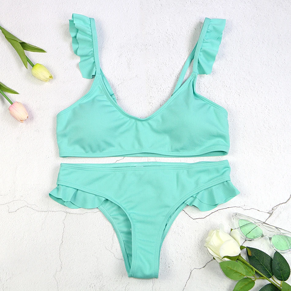 

new girl bikinis set bikini swimwear woman swimsuit swimming solid light green pink Ginger ruffles ruched low waist wire free