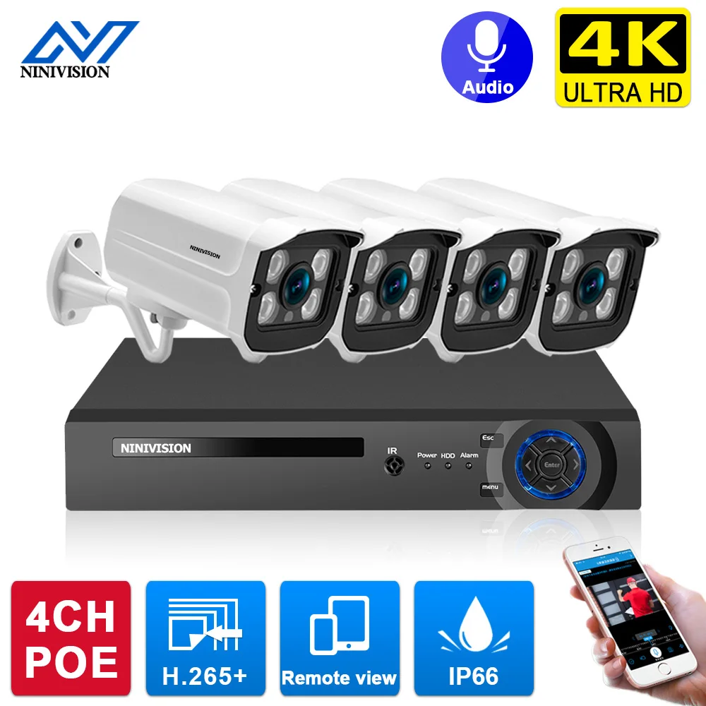 

Система видеонаблюдения H.265 + 4 канала 4K POE, комплект из 4 IP-камер 8 МП Ultra HD для улицы, водонепроницаемый сетевой видеорегистратор для дома