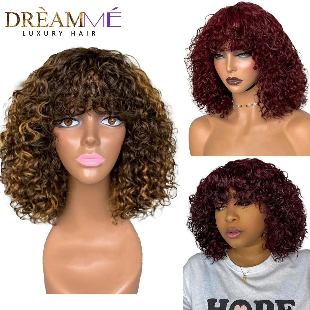 

Short Curly Bob Highlight Wig Human Hair Wigs With Bangs Blonde Full Machine Made Wig Water Wave 99J PrePlucked Brazilian Remy