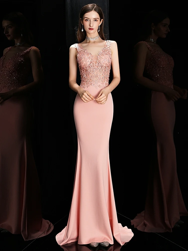 Luxury Pink Prom Dresses Mermaid V-Neck Satin Lace Appliques Beaded Sleeveless Sexy Wedding Party Guests Evening Gowns 2022 New
Luxury Pink Prom Dresses Mermaid V-Neck Satin Lace Appliques Beaded Sleeveless Sexy Wedding Party Guests Evening Gowns 2022 New