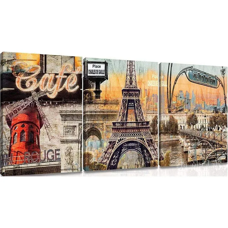 

Artkisser Canvas Wall Art Vintage Paris Eiffel Tower Decors French Landscape Oil Paintings Prints