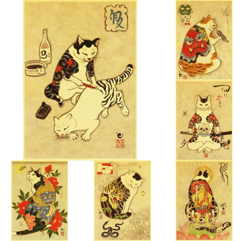 Japanese Samurai Tattoo Cat Poster Retro Kraft Paper Posters Vintage Wall Art Painting Bar Bedroom Decor Stickers
Japanese Samurai Tattoo Cat Poster Retro Kraft Paper Posters Vintage Wall Art Painting Bar Bedroom Decor Stickers