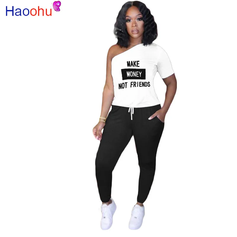 HAOOHU Women Two Piece Set Make Money Not Friends One Shoulder Tee Tops Jogger Sweatpants Suit Tracksuit Matching Set Outfits
HAOOHU Women Two Piece Set Make Money Not Friends One Shoulder Tee Tops Jogger Sweatpants Suit Tracksuit Matching Set Outfits