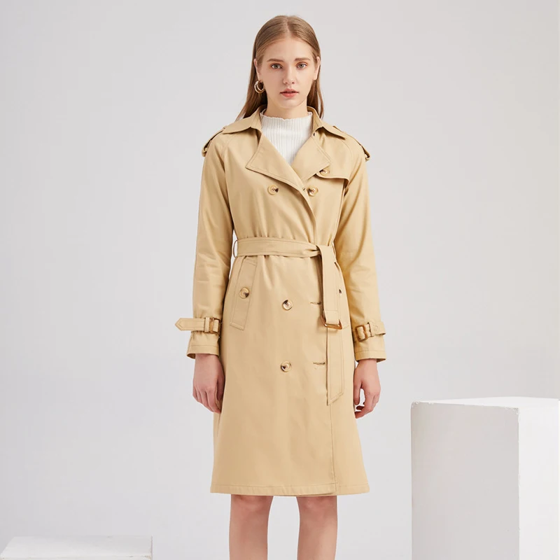 Women Double-Breasted Trench Coat Classic Lapel Overcoat Slim Outerwear with Belt | Женская одежда