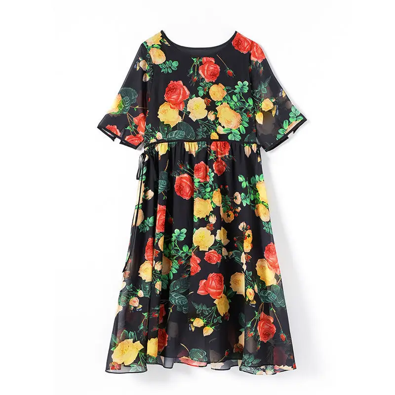 Women Belted Dress Silk Crepe Floral Printed A Line Shorted Sleeved O Neck Knee Length Dresses 2021 Summer New
Women Belted Dress Silk Crepe Floral Printed A Line Shorted Sleeved O Neck Knee Length Dresses 2021 Summer New