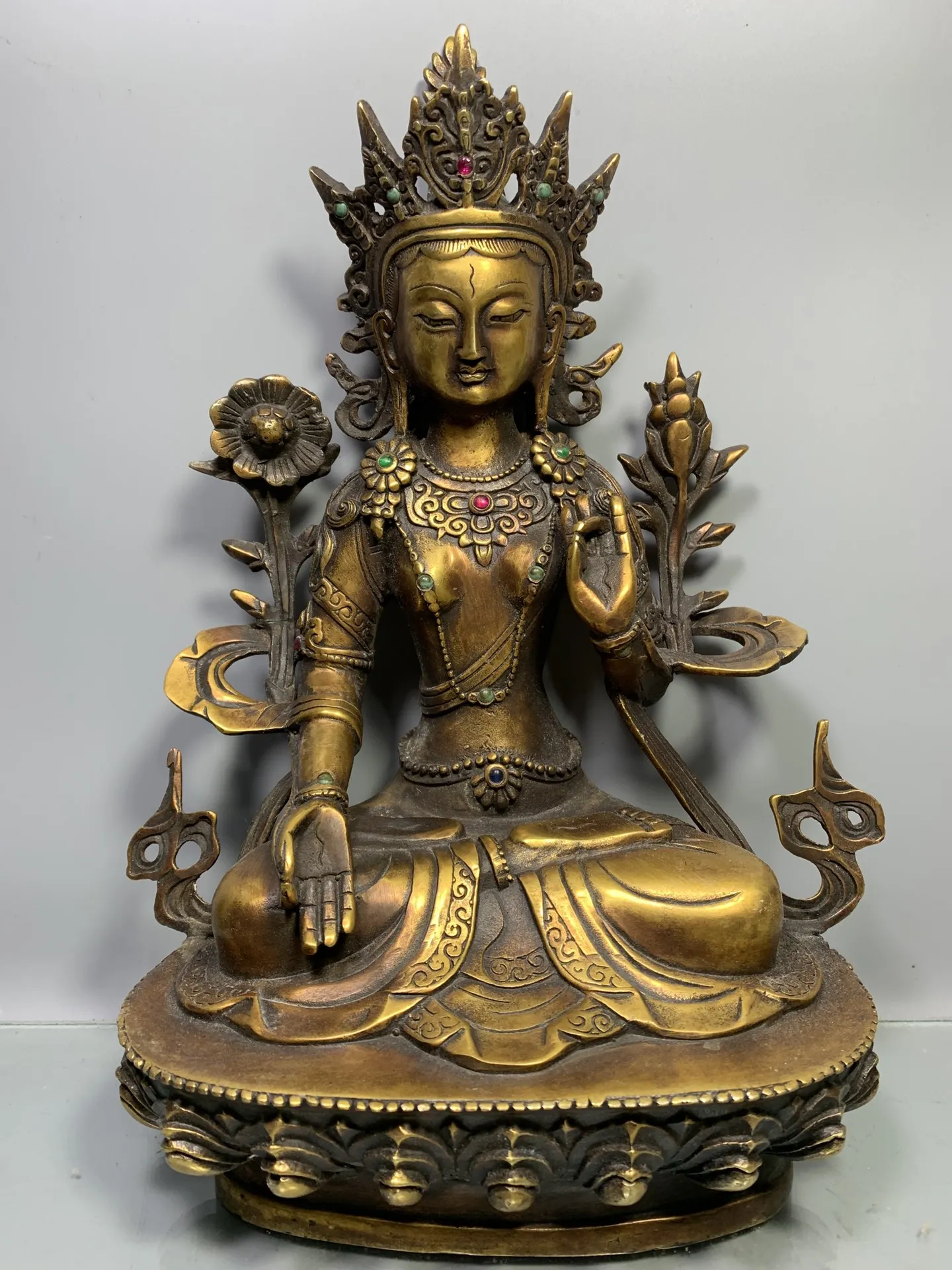 

11"Tibet Buddhism Old Bronze mosaic Gem Green Tara Sitting Buddha Guanyin Bodhisattva Buddha Enshrine the Buddha