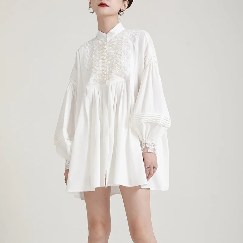 Women White Pleated Big Size Dress New Stand Collar Long Sleeve Loose Fit Fashion Tide Spring Autumn 2022
Women White Pleated Big Size Dress New Stand Collar Long Sleeve Loose Fit Fashion Tide Spring Autumn 2022