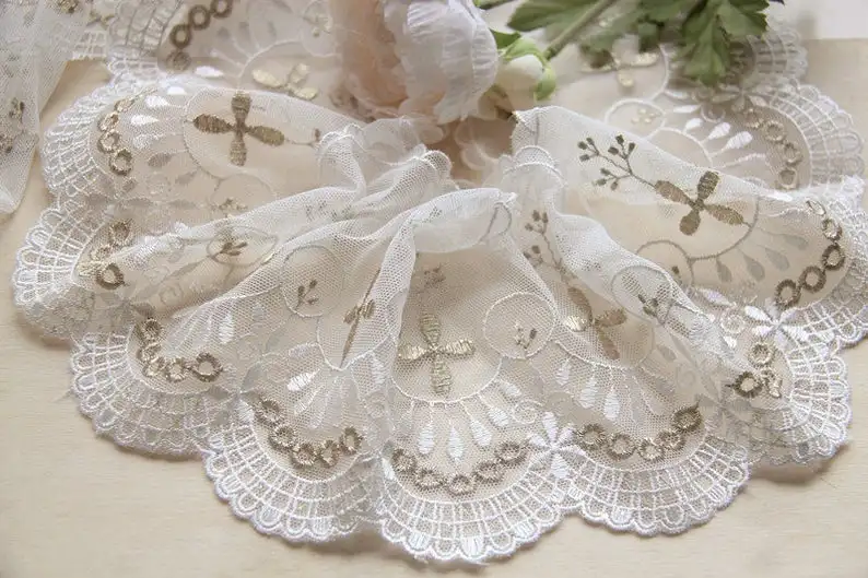 2 Yards Gold Metallic Lace Trim Off White Tulle Embroidered Wedding Trim 4.7" Wide New Arrival
2 Yards Gold Metallic Lace Trim Off White Tulle Embroidered Wedding Trim 4.7" Wide New Arrival