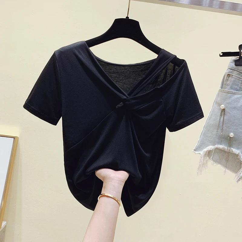 2021 Summer Slim-Fit Off-Shoulder T Shirt Women's Korean-Style New Hollow Short Sleeve V-neck All-Matching T-shirts Small Tops
2021 Summer Slim-Fit Off-Shoulder T Shirt Women's Korean-Style New Hollow Short Sleeve V-neck All-Matching T-shirts Small Tops