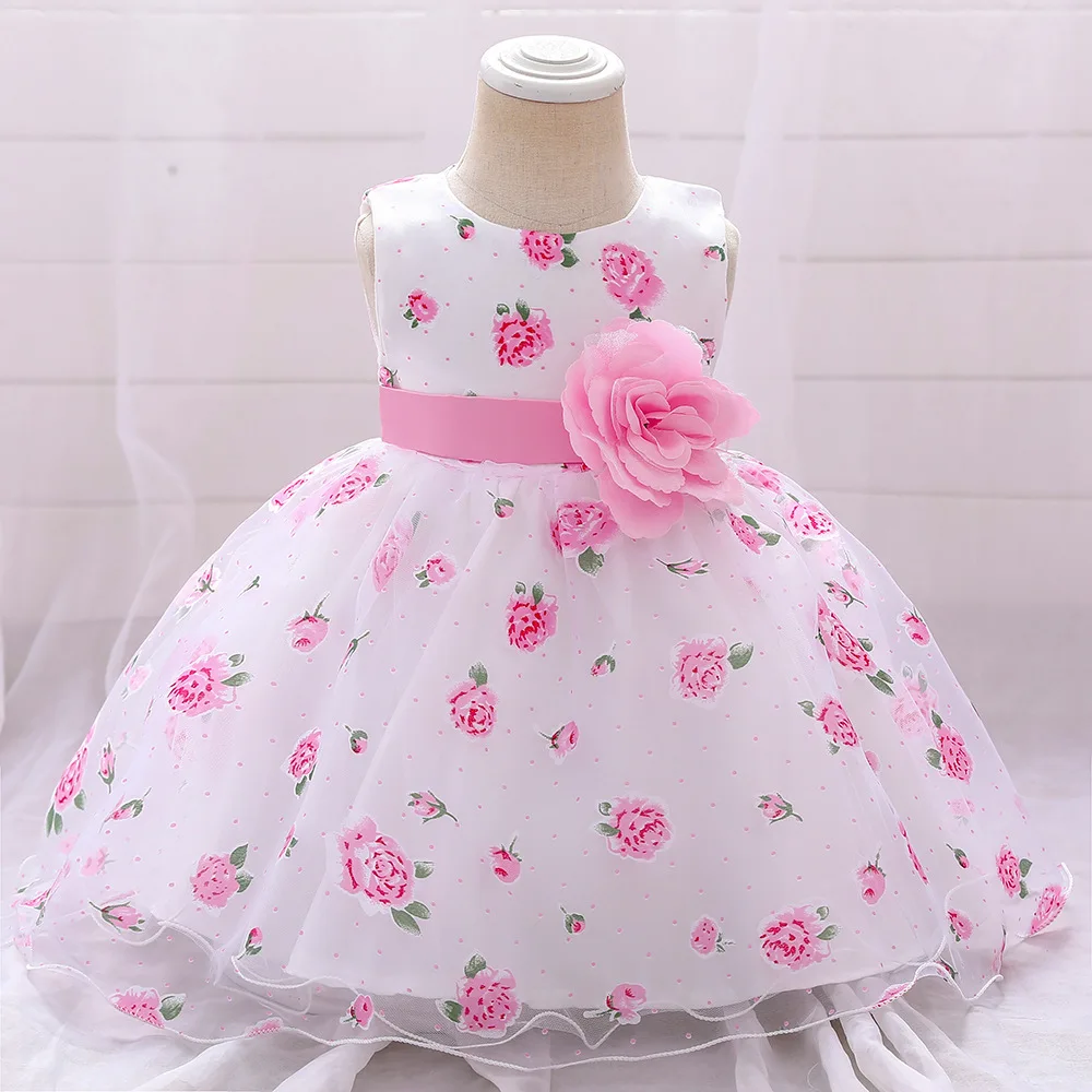 

Summer Clothing 6M-24M Toddler Kids Baby Girl White Print Clothes Pageant Princess Dress with Flowers Tutu Dress in Stock