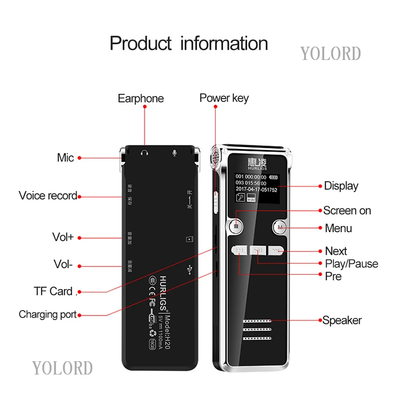 1100mah Large Battery 400hrs Long Recording Professional Activated Audio Voice Recorder Portable MP3 Music Player Business
1100mah Large Battery 400hrs Long Recording Professional Activated Audio Voice Recorder Portable MP3 Music Player Business