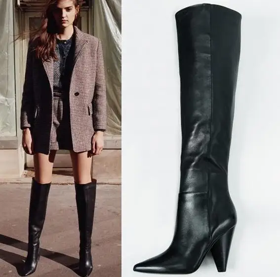 

Free Shipping Lady's Solid Black Genuine Leather Pointed Toe 8 cm Heels Spike Heels Slip On Knee High Long Knight Boots