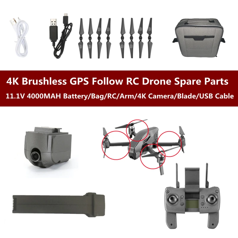 4K Brushless Drone Spare Parts 11.1V 4000mAh Battery/Camera/Propeller/USB Cable/RC/Bag/Arm For 4K GPS RC Quadcopter Accessories
4K Brushless Drone Spare Parts 11.1V 4000mAh Battery/Camera/Propeller/USB Cable/RC/Bag/Arm For 4K GPS RC Quadcopter Accessories