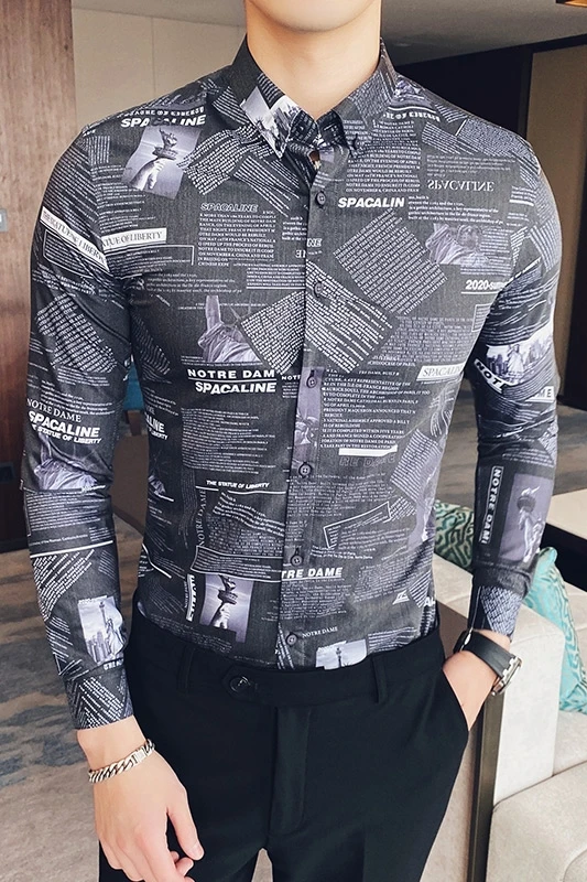 2020 Spring Newspaper Printed Slim Long-sleeved Shirt Men Casual Streetwear Social Men Clothes Business Blouse Chemise Homme
2020 Spring Newspaper Printed Slim Long-sleeved Shirt Men Casual Streetwear Social Men Clothes Business Blouse Chemise Homme