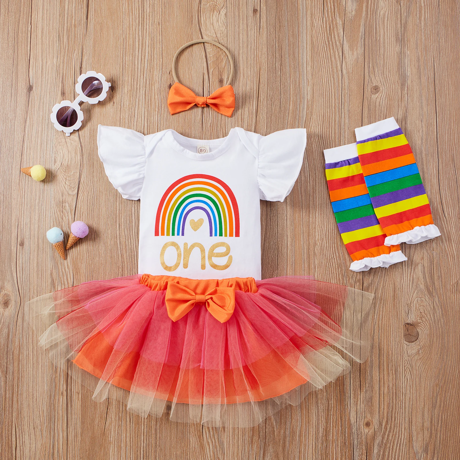 4Pcs Toddler Summer Outfits, Rainbow Flared Short Sleeves Romper + Tutu Skirt + Leg Warmer + Headband for Baby Girls
4Pcs Toddler Summer Outfits, Rainbow Flared Short Sleeves Romper + Tutu Skirt + Leg Warmer + Headband for Baby Girls