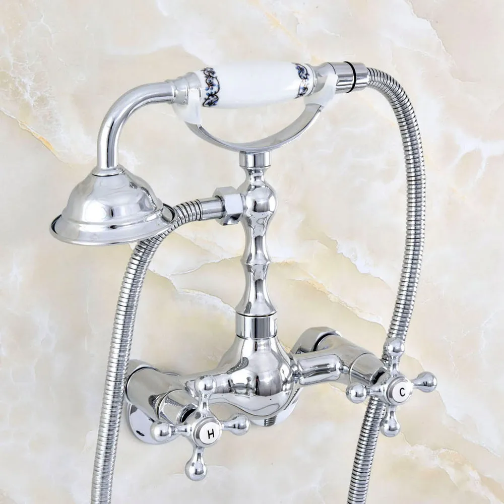 

Polished Chrome Brass Adjusts From 3-3/8" Wall Mount Bathtub Faucet with Handheld Shower Set +1.5M Hose Mixer Tap 2qg430