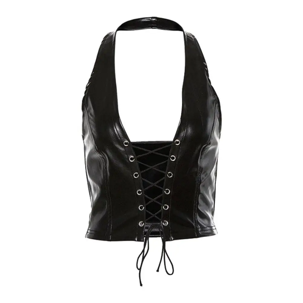 Sexy Punk Black Leather Crop Top Womens Hollow Backless Camisole 2021 Summer Fashion Vest Fashion Club Party Tank Tops Wholesale
Sexy Punk Black Leather Crop Top Womens Hollow Backless Camisole 2021 Summer Fashion Vest Fashion Club Party Tank Tops Wholesale