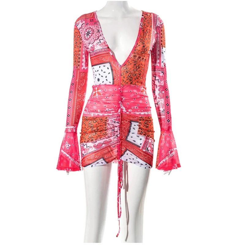 Pink Bandana Mesh Bodyocn Dress Club Outfits for Women Flared Long Sleeve Deep V Neck Draw String Mini Dress
Pink Bandana Mesh Bodyocn Dress Club Outfits for Women Flared Long Sleeve Deep V Neck Draw String Mini Dress