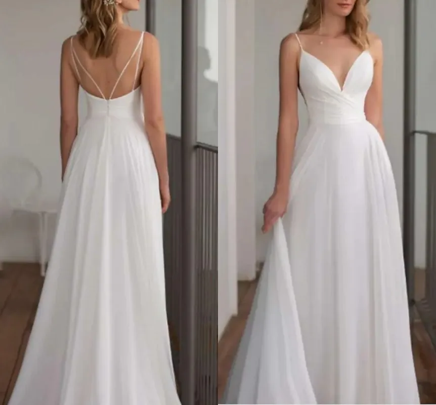 Simple A-Line Wedding Dresses V Neck Floor Length Chiffon Spaghetti Strap Bridal Gown Country Vestido De Noiva
Simple A-Line Wedding Dresses V Neck Floor Length Chiffon Spaghetti Strap Bridal Gown Country Vestido De Noiva