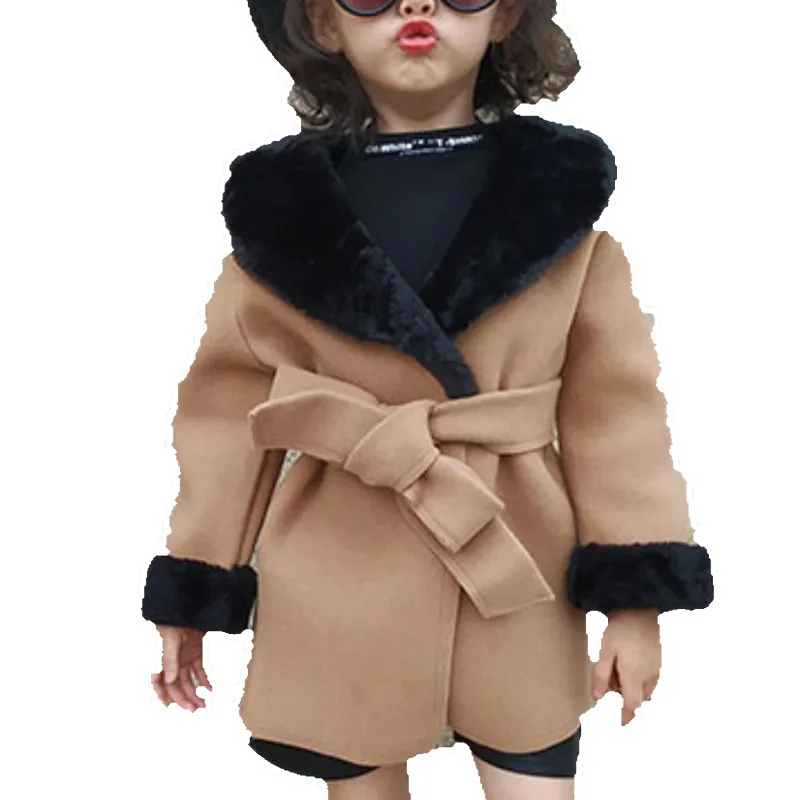 

Детское шерстяное пальто с искусственным мехом, модная теплая куртка с бархатным воротником для девочек, зима 2020