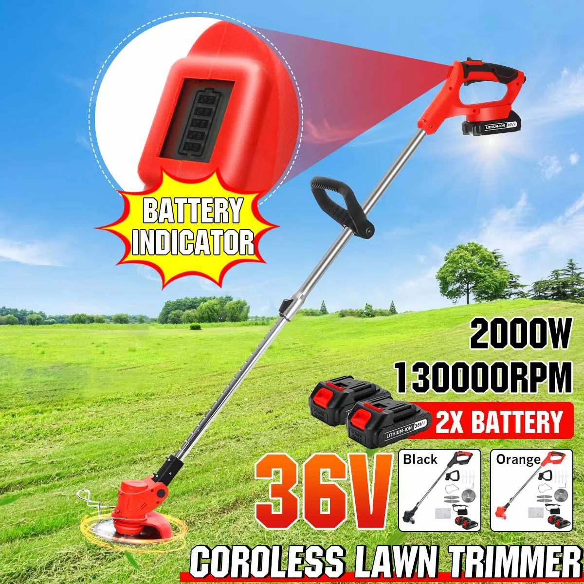 36V New Battery Indicator Wireless Grass Trimmer 2000W Electric Lawn Mower Wheels Battery Grass Brush Cutter Garden Pruning Tool
36V New Battery Indicator Wireless Grass Trimmer 2000W Electric Lawn Mower Wheels Battery Grass Brush Cutter Garden Pruning Tool