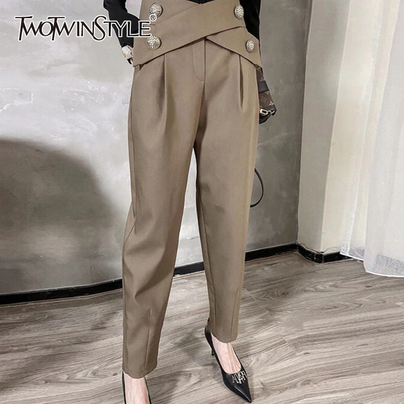 TWOTWINSTYLE Patchwork Cross Pants For Female High Waist Slimming Straight Suit Trousers Patch Buttons Women's Casual Pant
TWOTWINSTYLE Patchwork Cross Pants For Female High Waist Slimming Straight Suit Trousers Patch Buttons Women's Casual Pant