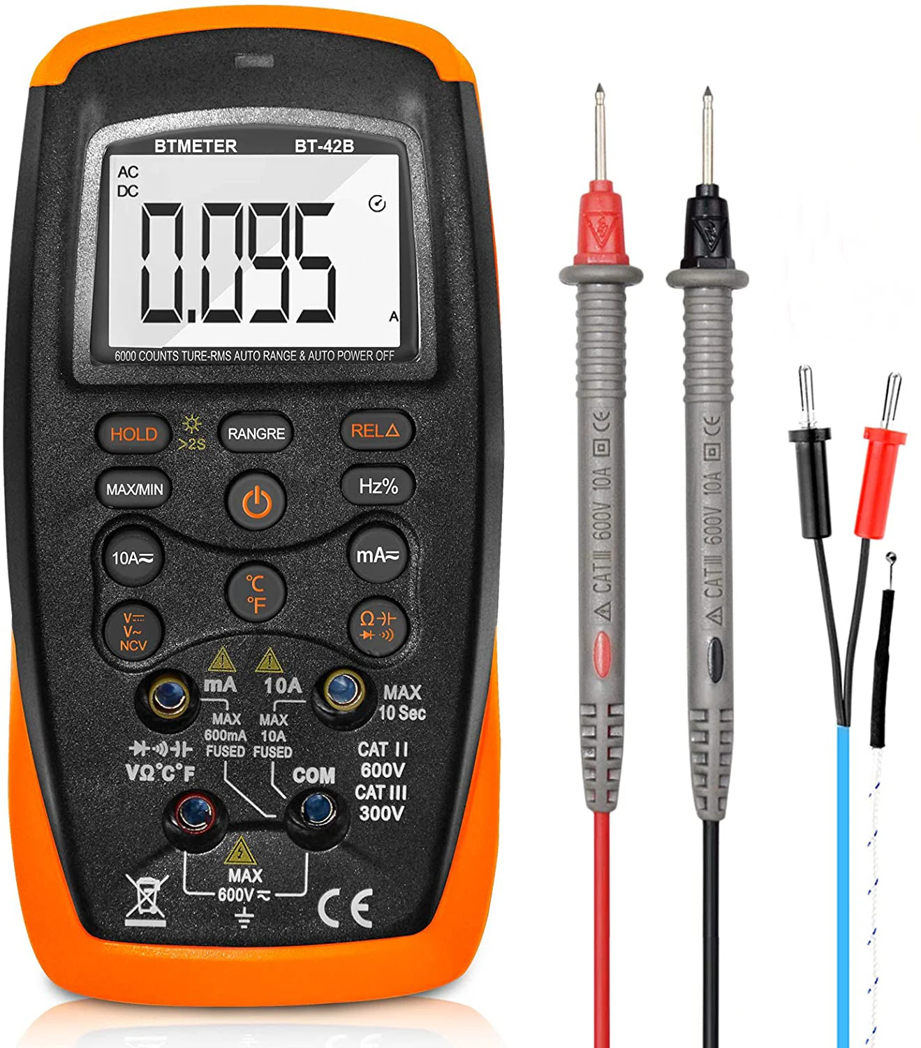 BT-42B TRMS 6000 Count Digital Multimeter Auto-Ranging Ohm Volt Amp Cap Diode Voltage Temp Continuity Tester Meter with Backlit
BT-42B TRMS 6000 Count Digital Multimeter Auto-Ranging Ohm Volt Amp Cap Diode Voltage Temp Continuity Tester Meter with Backlit