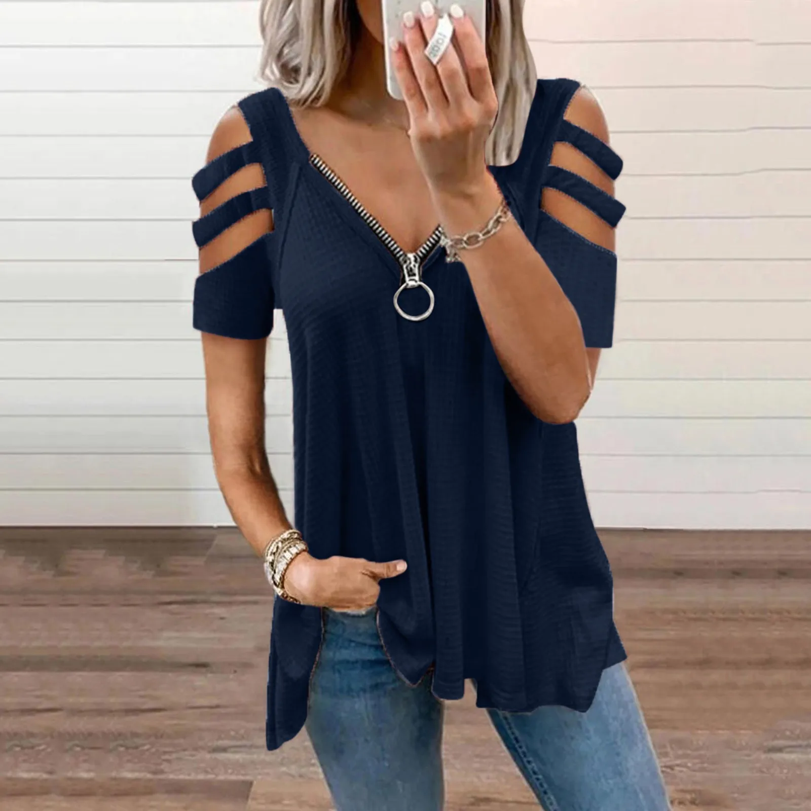 Zipper Hollow T Shirts Womens Dew Shoulder Vintage Tee Top V-neck Collar Color Short Sleeve Fold Casual Summer T Shirts
Zipper Hollow T Shirts Womens Dew Shoulder Vintage Tee Top V-neck Collar Color Short Sleeve Fold Casual Summer T Shirts
