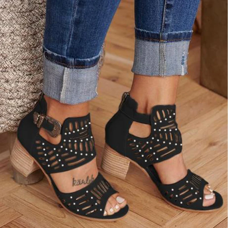 2020 Fashion New Style Sandals Women Vintage Hollow Out Peep Toe Square Heel Wedges High Heels Shoes Zapatos Mujer | Обувь