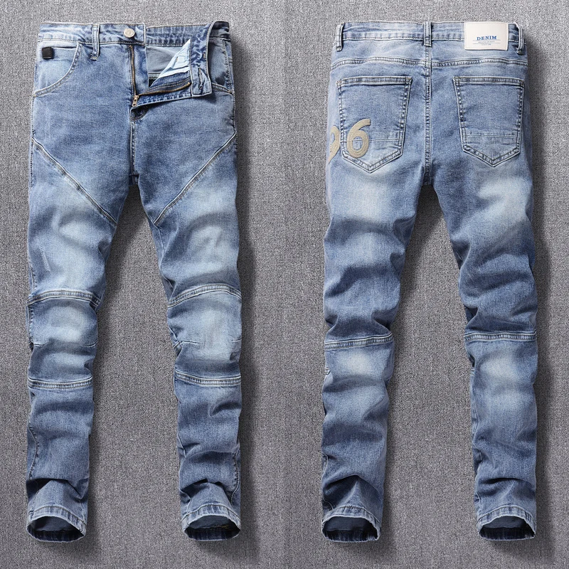 

High Street Fashion Men Jeans Retro Blue Spliced Designer Slim Fit Biker Jeans Homme Embroidery Elastic Denim Narrow Pants Men
