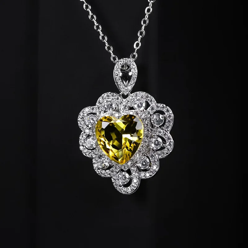 

Luxury Crystal Topaz Gems Pendant Collares for Women Platinum Plated Heart-shape Pendant Diamond-accented Zircon Jewelry Female