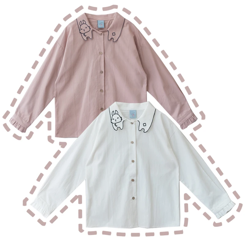 Rabbit Collar Super Cute Cotton Women's Blouse Loose White / Pink Shirt Long Sleeve Autumn Spring Tops | Женская одежда