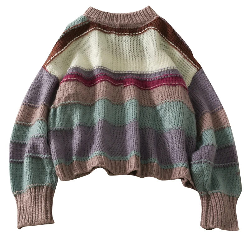 Women's autumn loose knitting color matching striped round neck long-sleeved pullover sweater
Women's autumn loose knitting color matching striped round neck long-sleeved pullover sweater