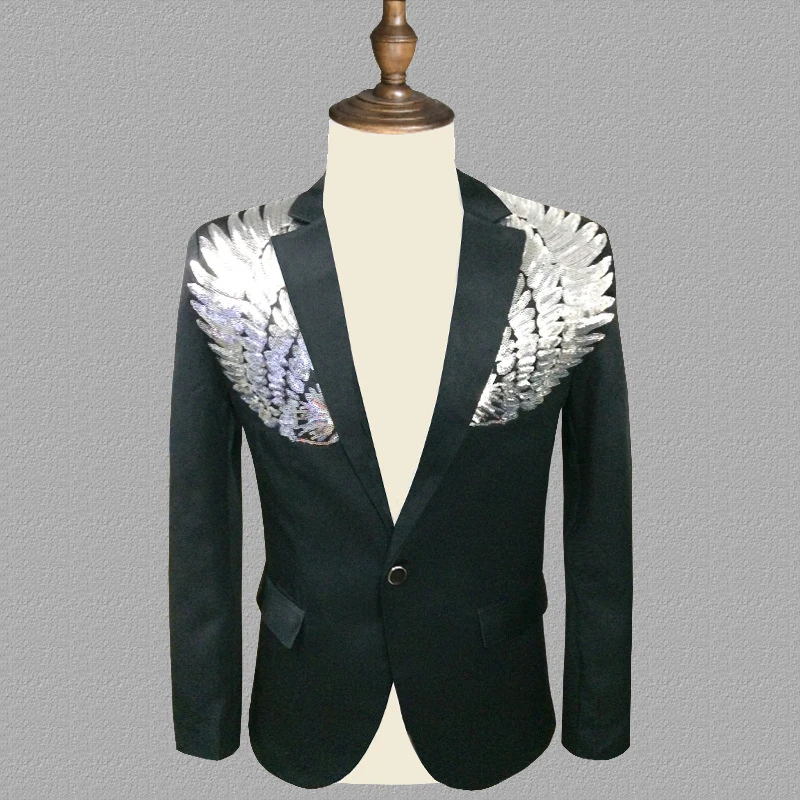 

2021 New design Wing Sequin Men Slim Fit Blazer Nightclub singer host emcee dress suit Sequined wings costume novel suit jacket