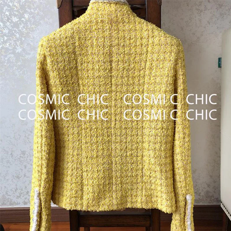 Cosmicchic Elegant High Quality Women Tweed Jacket Lattice Yellow Woolen Long Sleeve Stand Collar Diamond Button Short Coat
Cosmicchic Elegant High Quality Women Tweed Jacket Lattice Yellow Woolen Long Sleeve Stand Collar Diamond Button Short Coat