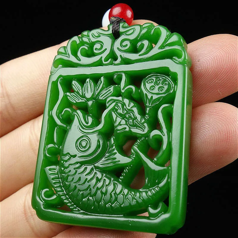 Natural Green Chinese Jade Carp Pendant Lotus Necklace Fashion Charm Jewelry Double-sided Hollow Carved Amulet Gifts for Her
Natural Green Chinese Jade Carp Pendant Lotus Necklace Fashion Charm Jewelry Double-sided Hollow Carved Amulet Gifts for Her