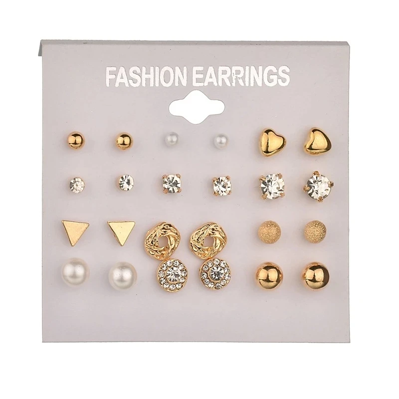12 pairs/package metal gold double stud earrings crystal set ladies flower luxury pierced earrings elegant earrings set
12 pairs/package metal gold double stud earrings crystal set ladies flower luxury pierced earrings elegant earrings set