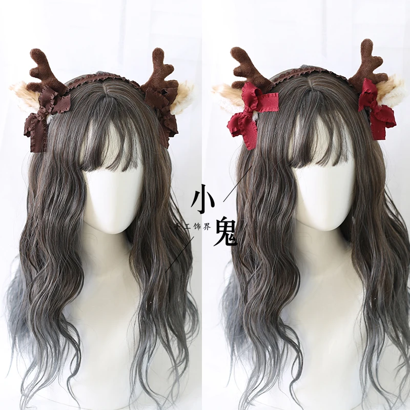

2021 Soft Girls Holiday Lolita Take Photo Headband Headdress Hair Hoop Accessories Elk Ears KC Christmas Antler Bowknot Hairband