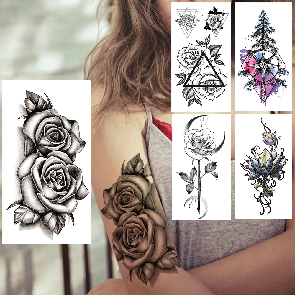 

Временные татуировки для женщин, треугольные цветы, лотос, сосна, искусственная татуировка, наклейка, черная луна, роза, водонепроницаемые х...