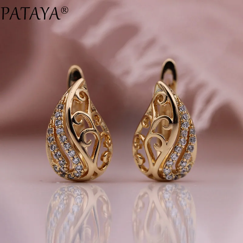 

PATAYA New Unique Flame Water Drop Dangle Earrings 585 Rose Gold Color Round Natural Zircon Hollow Earring Women Fashion Jewelry