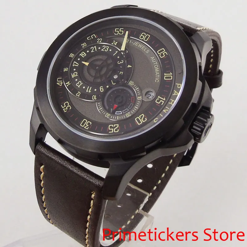 

PVD coated case 44mm 24 hours PARNIS black dial date sapphire glass automatic mens watch