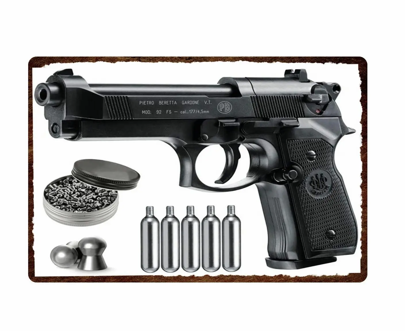 Metal wall signBeretta M92FS Blowback Air Gun with 5x12 CO2 Tanks and Pack of 500ct Lead Pellets Bundle (Black+Accessories)
Metal wall signBeretta M92FS Blowback Air Gun with 5x12 CO2 Tanks and Pack of 500ct Lead Pellets Bundle (Black+Accessories)