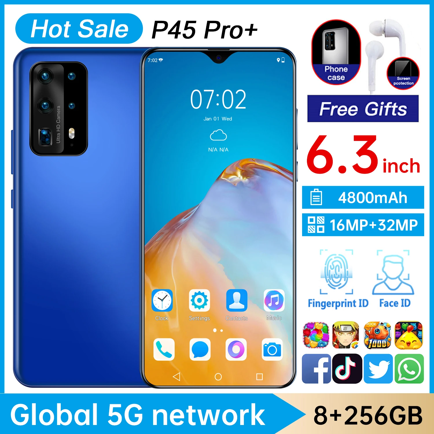 

2021 New P45 Pro 8GB 256GB 16MP 32MP 4800mAh Global Version 5G Smartphone 8 Core 6.3 Inch Snapdragon 888 Face ID Mobile Phone