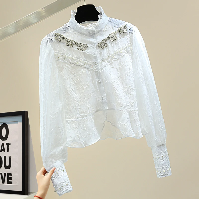 Beaded Perspective Chiffon Blouse White Bottoming Shirt Women's Lace Stand-up Collar Long-Sleeved Ruffled Diamond Shirts Girls
Beaded Perspective Chiffon Blouse White Bottoming Shirt Women's Lace Stand-up Collar Long-Sleeved Ruffled Diamond Shirts Girls