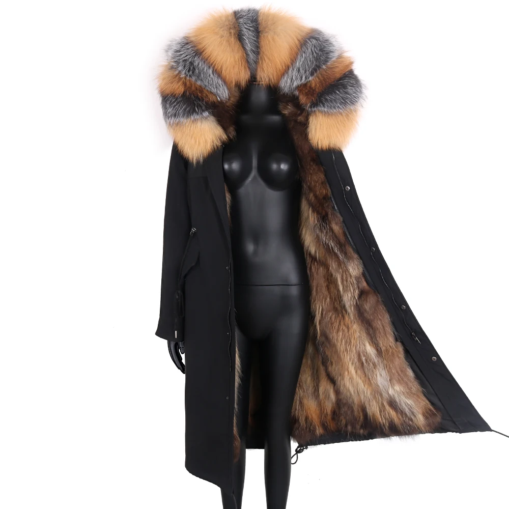 

7XL Real Fur Waterproof Coat Women X-Long Parka Winter Jacket Big Natural Raccoon Fur Collar Hood Thick Warm Real Fox Fur Liner
