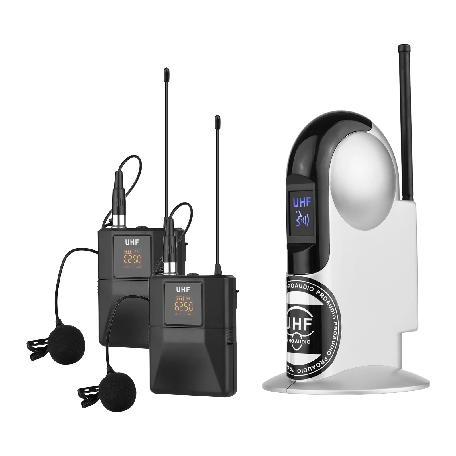 UHF Wireless Microphone System with Dual Body-pack Transmitter with Lavalier Mic Receiver LCD Screen with 6.35mm Audio Cable
UHF Wireless Microphone System with Dual Body-pack Transmitter with Lavalier Mic Receiver LCD Screen with 6.35mm Audio Cable