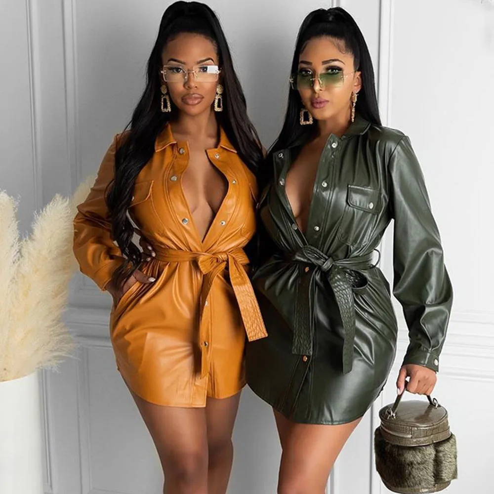 PU Faux Leather Shirt Dress Women's Clothes Turn-down Collar Button Mini Dress Party Dress Night Club Dress Sexy Dress With Belt
PU Faux Leather Shirt Dress Women's Clothes Turn-down Collar Button Mini Dress Party Dress Night Club Dress Sexy Dress With Belt