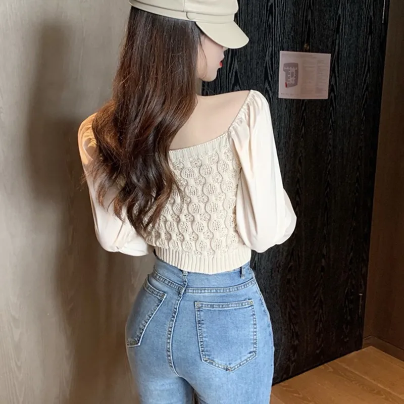 Spring Fall Women Fashion Flared Long Sleeve Chiffon Blouse Sweet Slash Neck Knitted Patchwork Shirt Casual Blusa Femme
Spring Fall Women Fashion Flared Long Sleeve Chiffon Blouse Sweet Slash Neck Knitted Patchwork Shirt Casual Blusa Femme