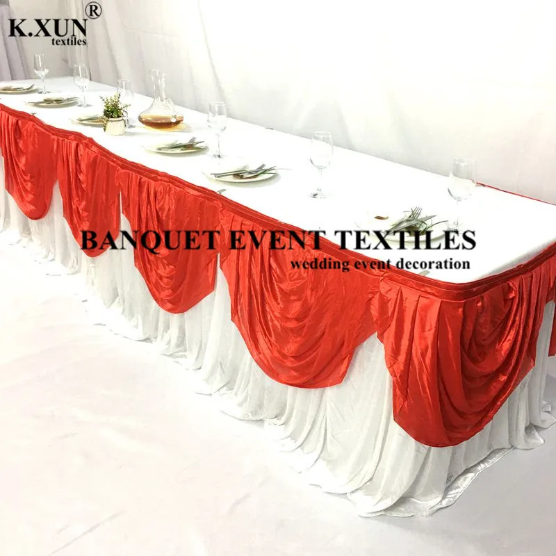 

White Red Color Ice Silk Table Skirt Tablecloth Skirting With Top Swag Drape For Wedding Event Party Decoration